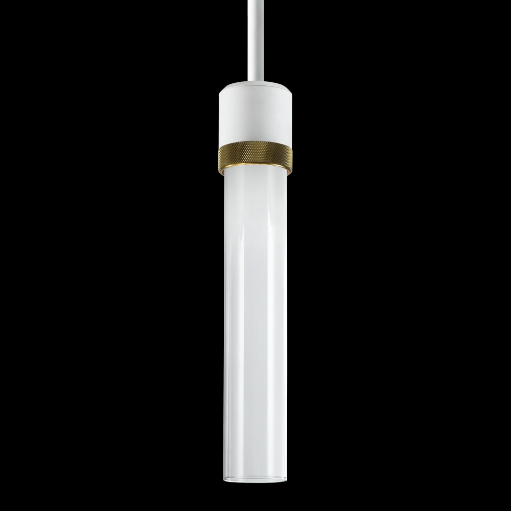 3&#34; LED 3CCT Cylindrical Pendant Light, 12&#34; Clear Glass and Matte White with Aged Brass Finis