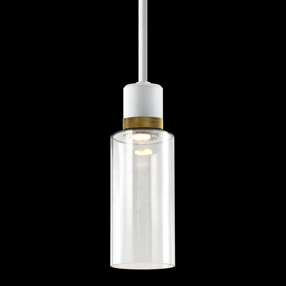 6&#34; LED 3CCT Cylindrical Drum Pendant Light, 12&#34; Clear Glass and Matte White with Brass Metal