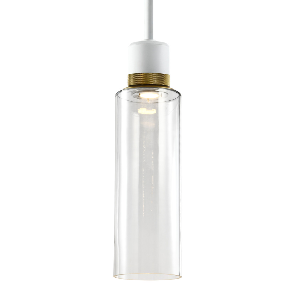 6&#34; LED 3CCT Cylindrical Drum Pendant Light, 18&#34; Clear Glass and Matte White with Brass Metal