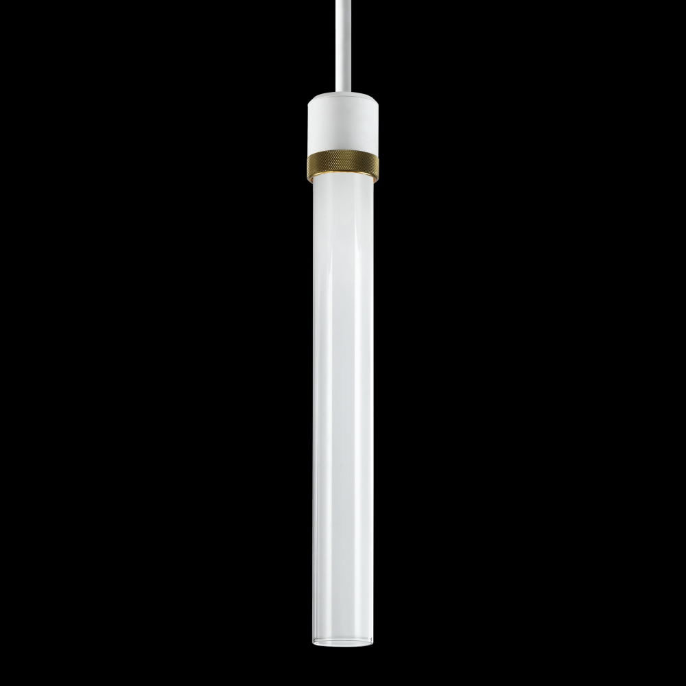 3&#34; LED 3CCT Cylindrical Pendant Light, 18&#34; Clear Glass and Matte White with Aged Brass Finis