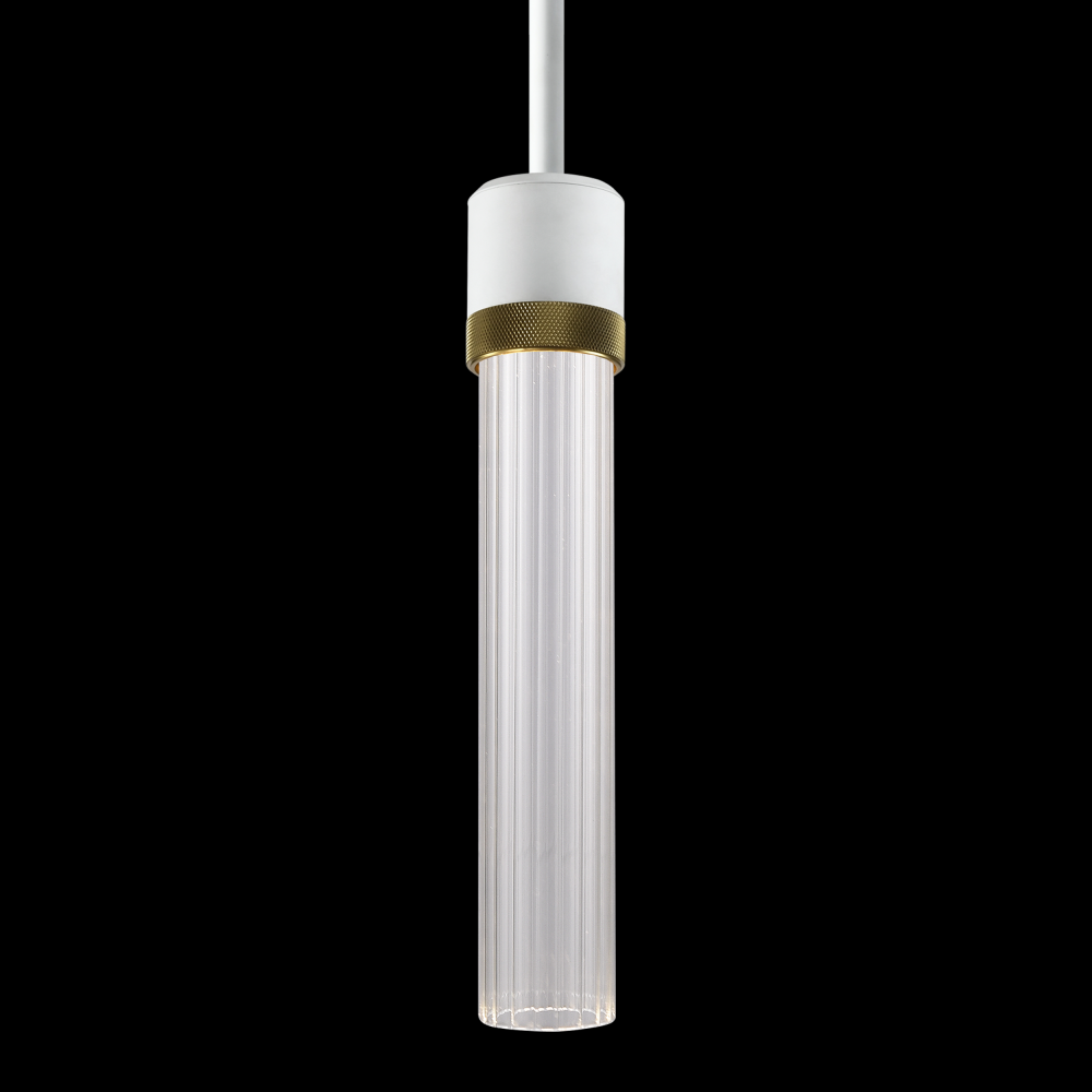 3&#34; LED 3CCT Cylindrical Pendant Light, 12&#34; Fluted Glass and Matte White with Aged Brass Fini