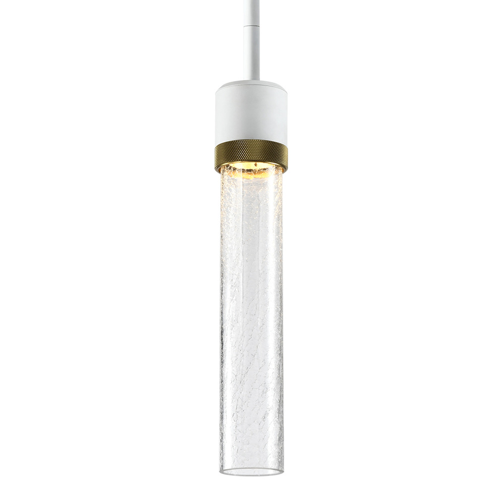 3&#34; LED 3CCT Cylindrical Pendant Light, 12&#34; Crackled Glass and Matte White with Aged Brass Fi