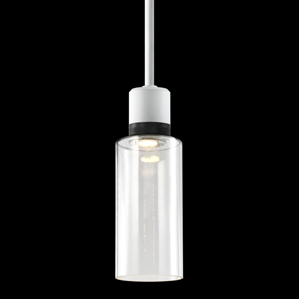 6&#34; LED 3CCT Cylindrical Drum Pendant Light, 12&#34; Clear Glass and Matte White with Black Metal