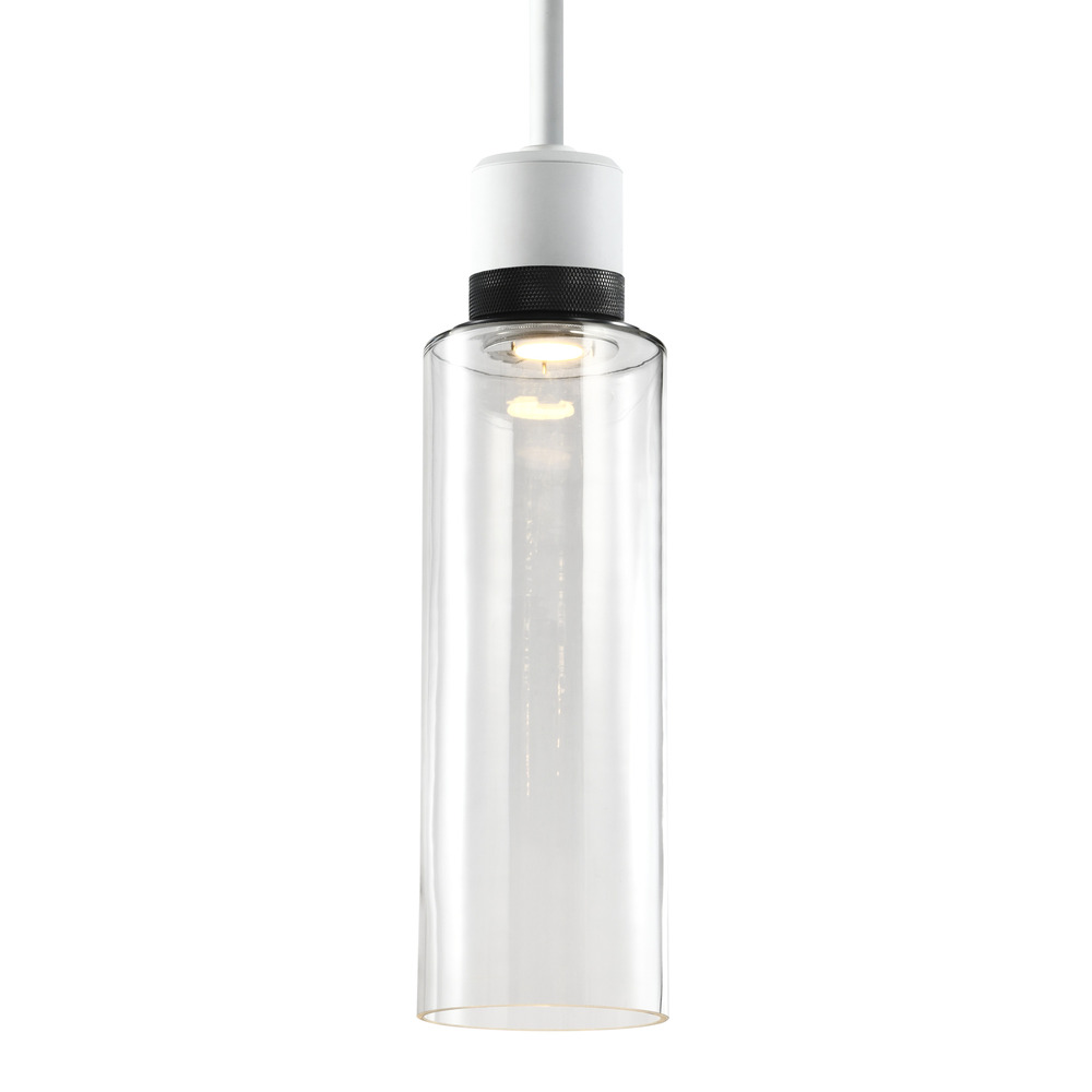 6&#34; LED 3CCT Cylindrical Drum Pendant Light, 18&#34; Clear Glass and Matte White with Black Metal