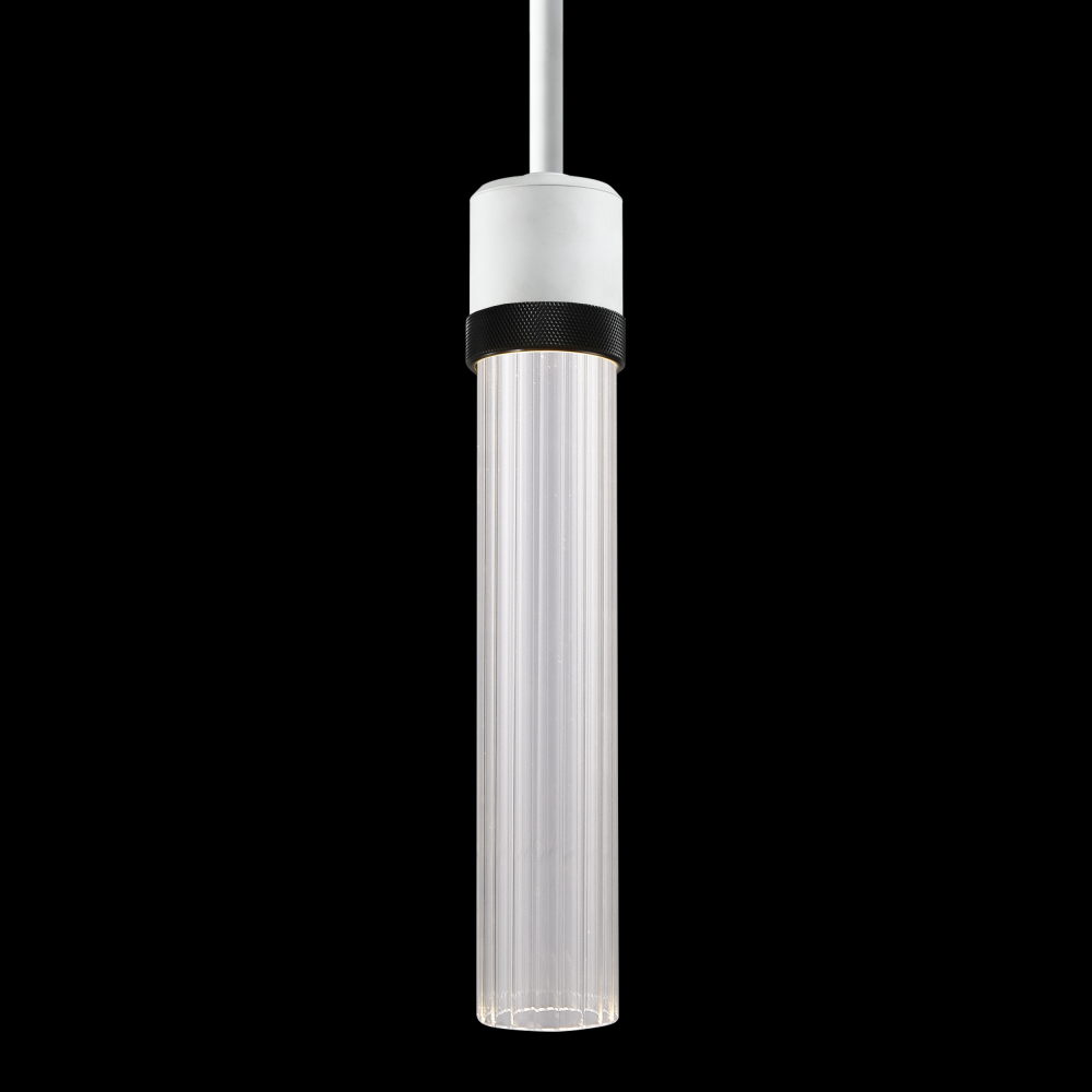 3&#34; LED 3CCT Cylindrical Pendant Light, 12&#34; Fluted Glass and Matte White with Black Finish