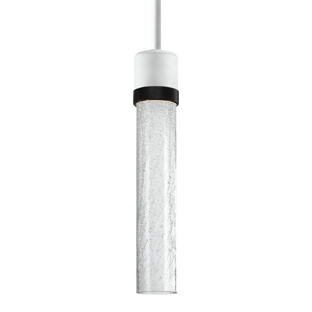 3&#34; LED 3CCT Cylindrical Pendant Light, 12&#34; Crackled Glass and Matte White with Black Finish