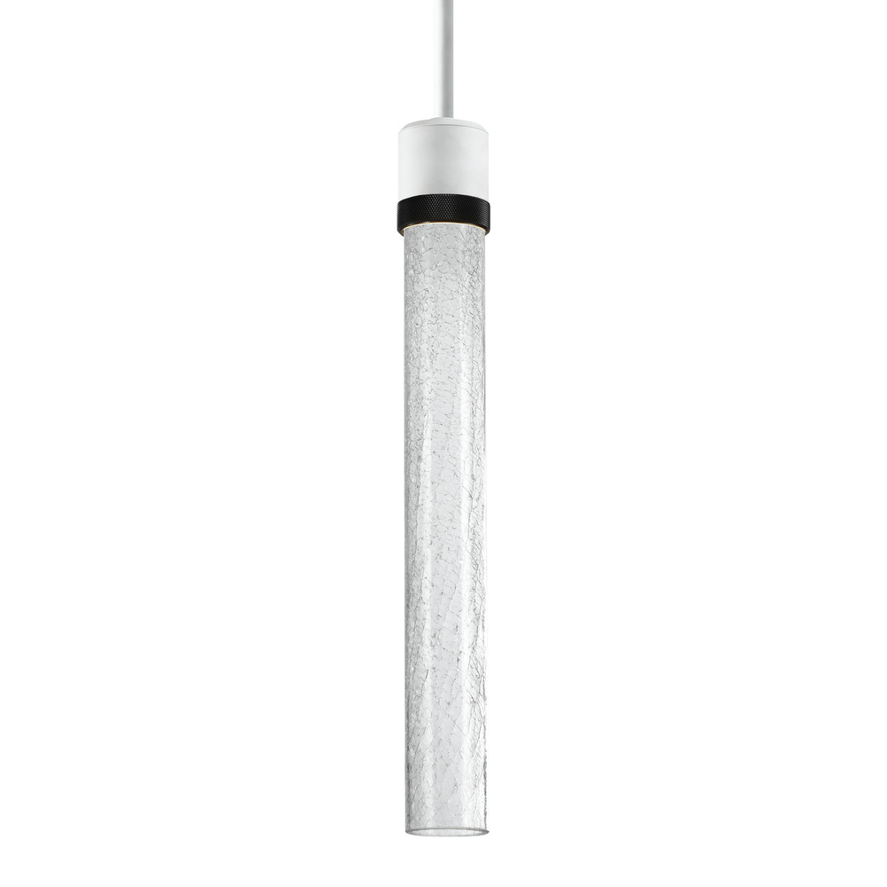 3&#34; LED 3CCT Cylindrical Pendant Light, 18&#34; Crackled Glass and Matte White with Black Finish