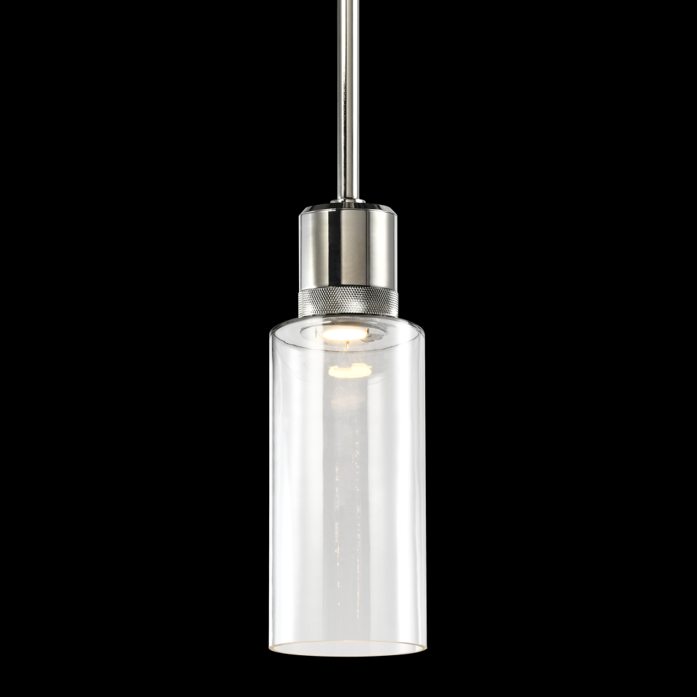 6&#34; LED 3CCT Cylindrical Drum Pendant Light, 12&#34; Clear Glass and Polished Nickel Metal Finish
