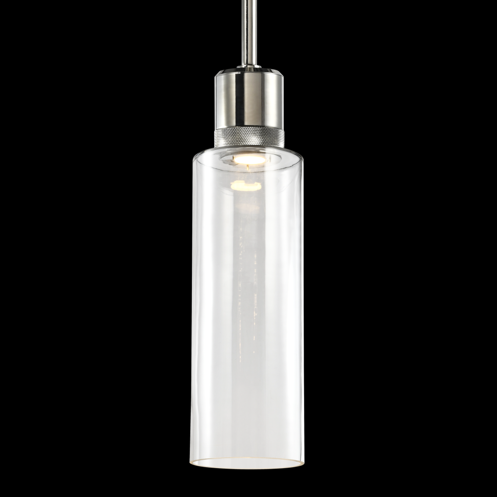 6&#34; LED 3CCT Cylindrical Drum Pendant Light, 18&#34; Clear Glass and Polished Nickel Metal Finish