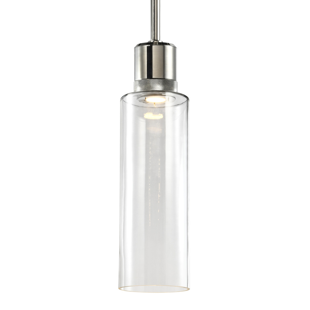 6&#34; LED 3CCT Cylindrical Drum Pendant Light, 18&#34; Clear Glass and Polished Nickel Metal Finish