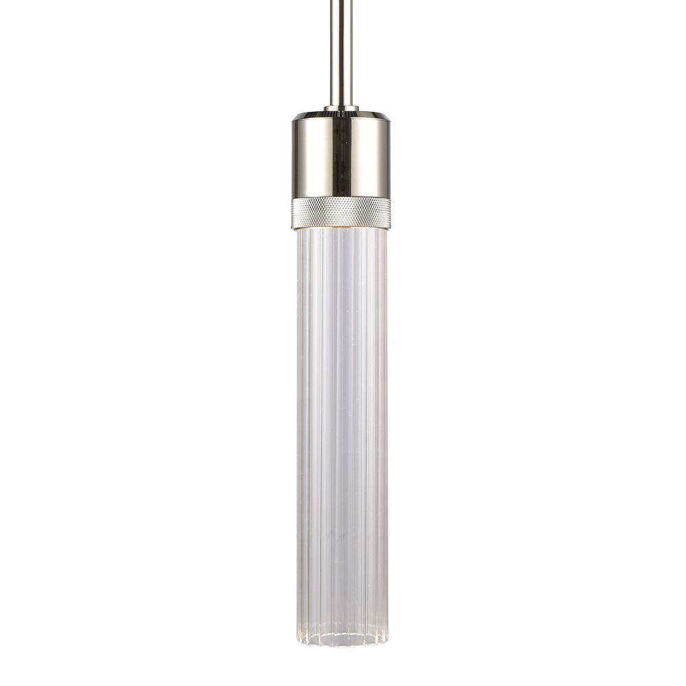 3&#34; LED 3CCT Cylindrical Pendant Light, 12&#34; Fluted Glass and Polished Nickel Finish