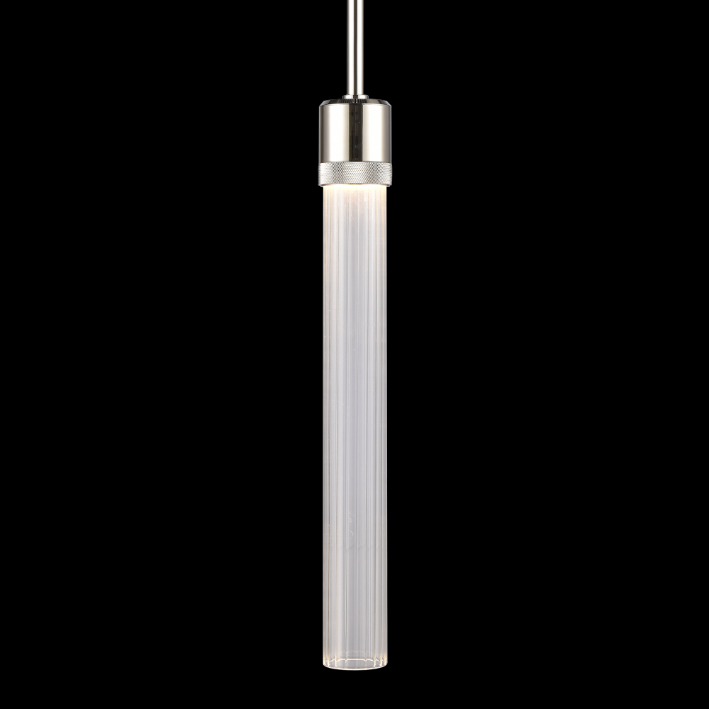 3&#34; LED 3CCT Cylindrical Pendant Light, 18&#34; Fluted Glass and Polished Nickel Finish