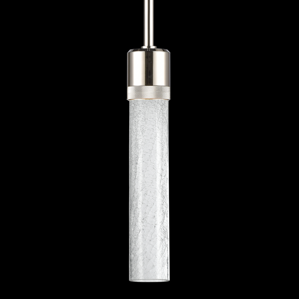 3&#34; LED 3CCT Cylindrical Pendant Light, 12&#34; Crackled Glass and Polished Nickel Finish