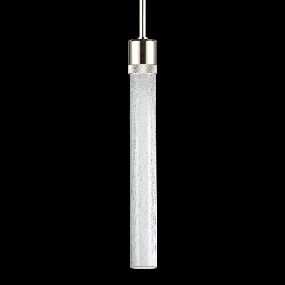 3&#34; LED 3CCT Cylindrical Pendant Light, 18&#34; Crackled Glass and Polished Nickel Finish