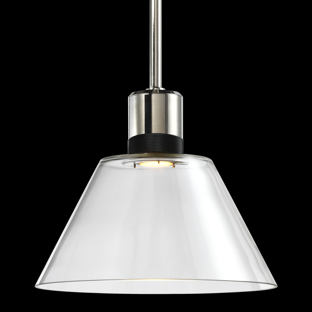 12&#34; LED 3CCT Clear Cone Glass Pendant Light and Polished Nickel with Black Metal Finish