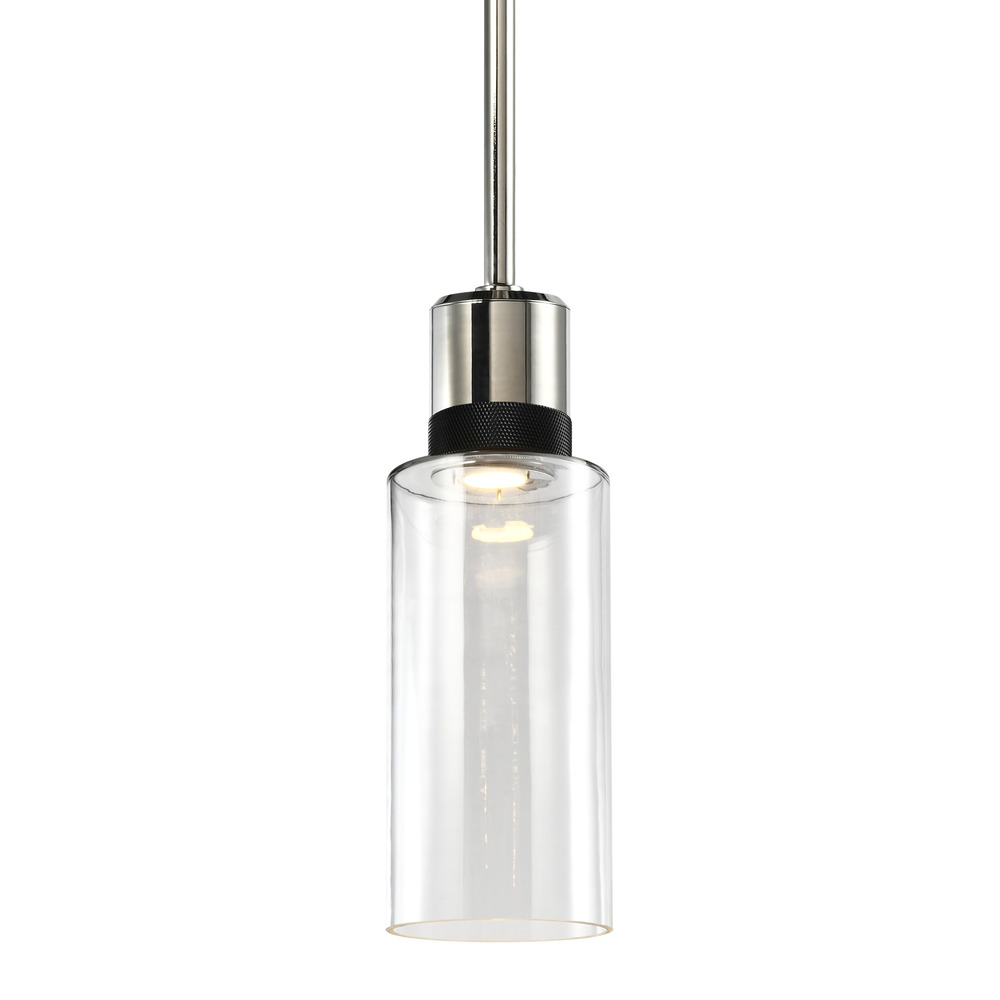 6&#34; LED 3CCT Cylindrical Drum Pendant Light, 12&#34; Clear Glass and Polished Nickel with Black M