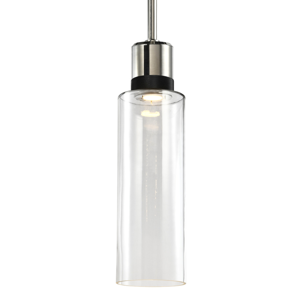 6&#34; LED 3CCT Cylindrical Drum Pendant Light, 18&#34; Clear Glass and Polished Nickel with Black M