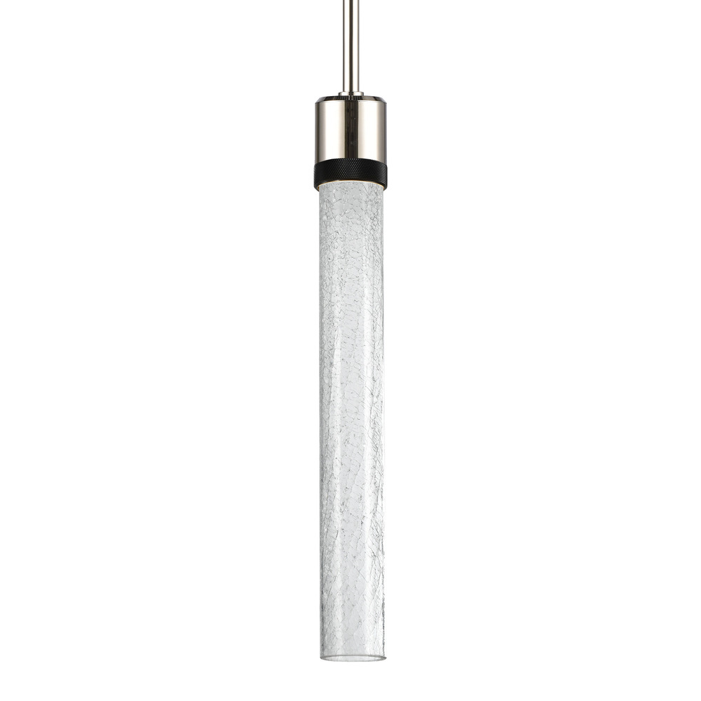 3&#34; LED 3CCT Cylindrical Pendant Light, 18&#34; Crackled Glass and Polished Nickel with Black Fin