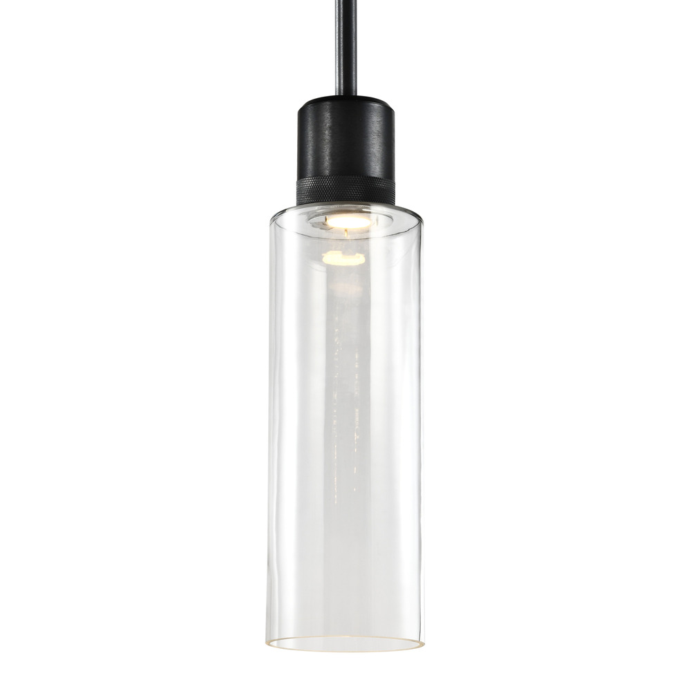 6&#34; LED 3CCT Cylindrical Drum Pendant Light, 18&#34; Clear Glass and Satin Brushed Black Metal Fi