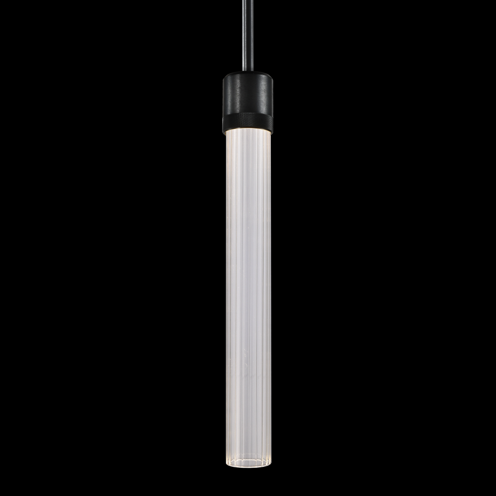 3&#34; LED 3CCT Cylindrical Pendant Light, 18&#34; Fluted Glass and Satin Brushed Black Finish