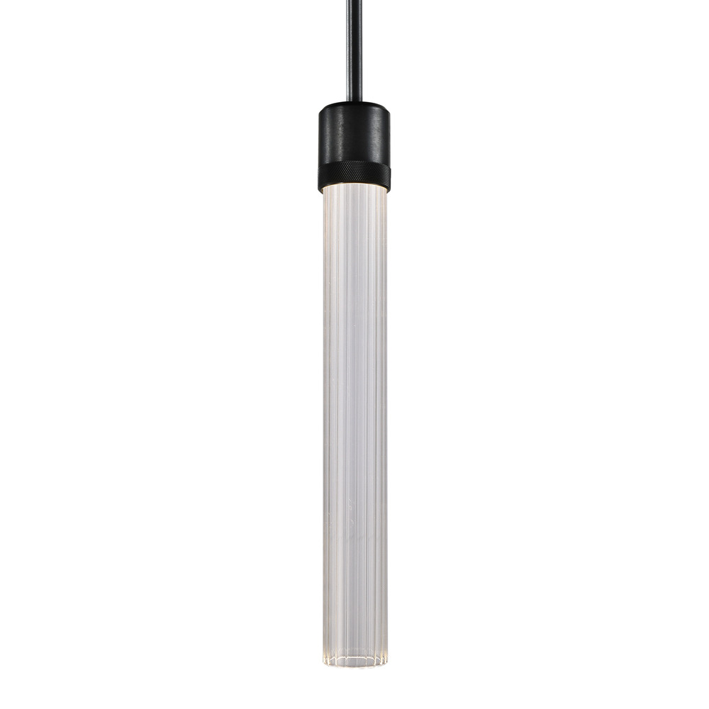 3&#34; LED 3CCT Cylindrical Pendant Light, 18&#34; Fluted Glass and Satin Brushed Black Finish