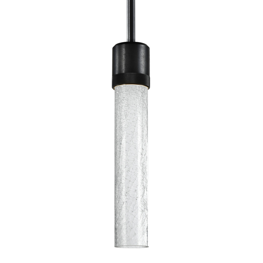 3&#34; LED 3CCT Cylindrical Pendant Light, 12&#34; Crackled Glass and Satin Brushed Black Finish