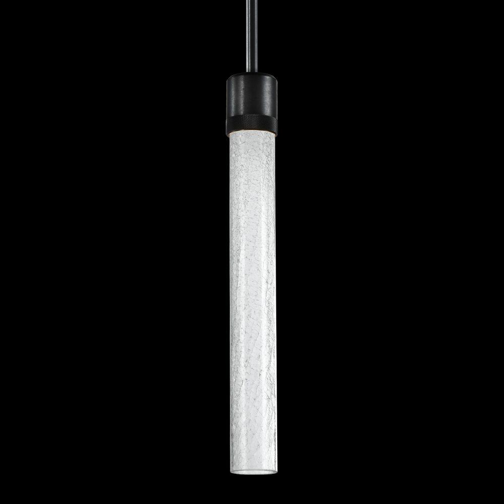 3&#34; LED 3CCT Cylindrical Pendant Light, 18&#34; Crackled Glass and Satin Brushed Black Finish