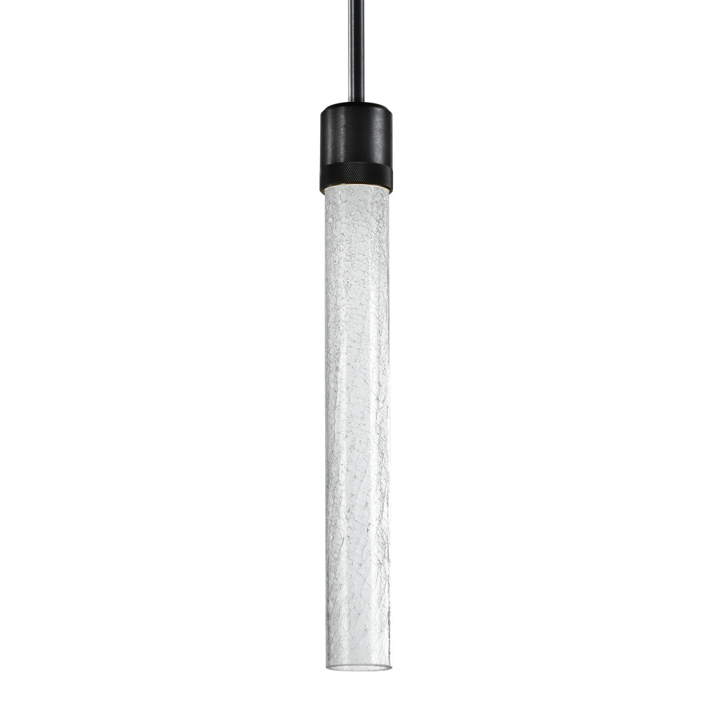 3&#34; LED 3CCT Cylindrical Pendant Light, 18&#34; Crackled Glass and Satin Brushed Black Finish