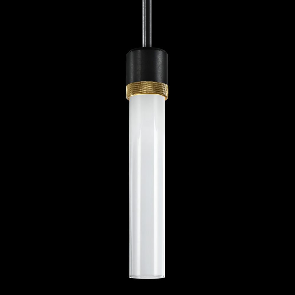 3&#34; LED 3CCT Cylindrical Pendant Light, 12&#34; Clear Glass and Satin Brushed Black with Brass Fi