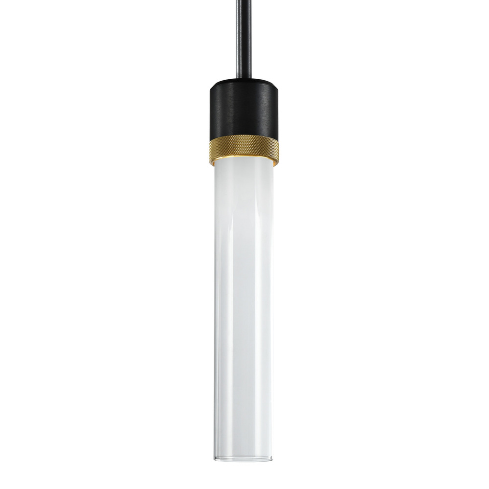 3&#34; LED 3CCT Cylindrical Pendant Light, 12&#34; Clear Glass and Satin Brushed Black with Brass Fi