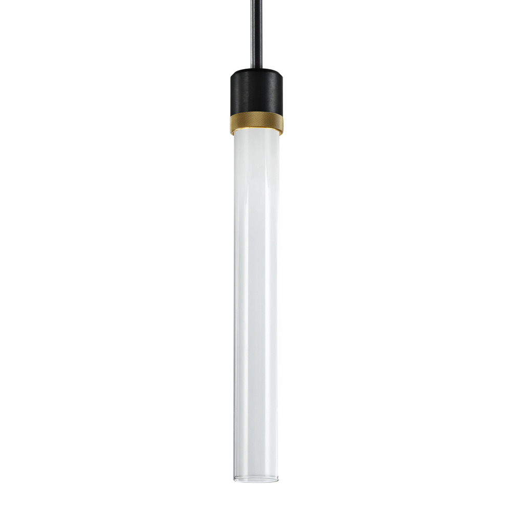 3&#34; LED 3CCT Cylindrical Pendant Light, 18&#34; Clear Glass and Satin Brushed Black with Brass Fi