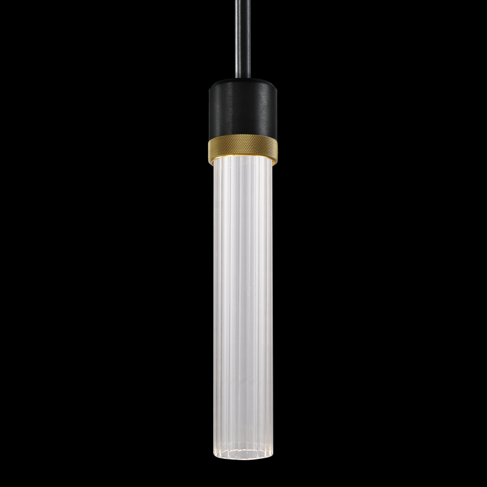 3&#34; LED 3CCT Cylindrical Pendant Light, 12&#34; Fluted Glass and Satin Brushed Black with Brass F