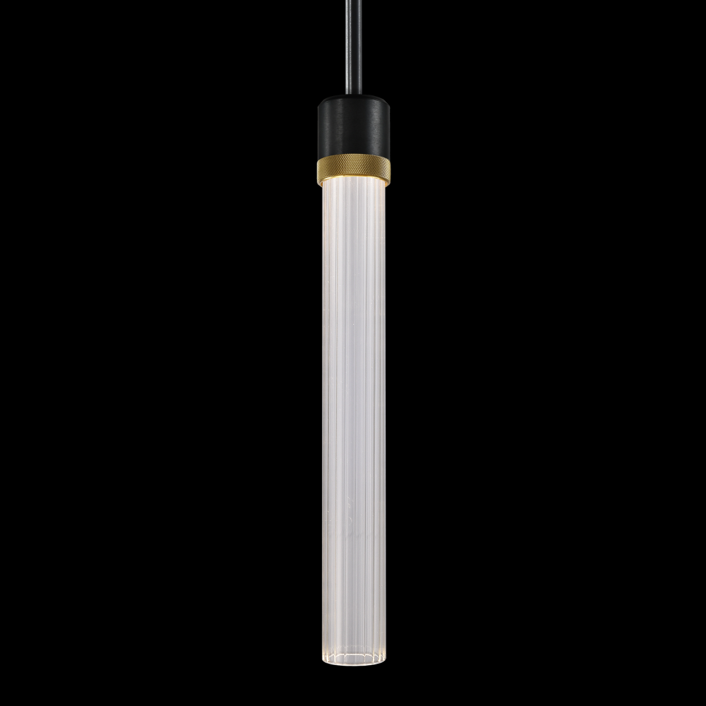 3&#34; LED 3CCT Cylindrical Pendant Light, 18&#34; Fluted Glass and Satin Brushed Black with Brass F