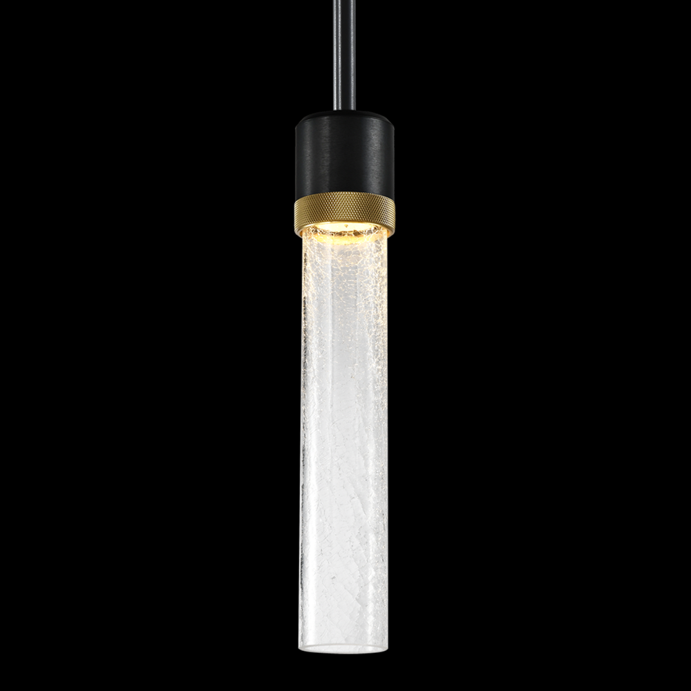 3&#34; LED 3CCT Cylindrical Pendant Light, 12&#34; Crackled Glass and Satin Brushed Black with Brass