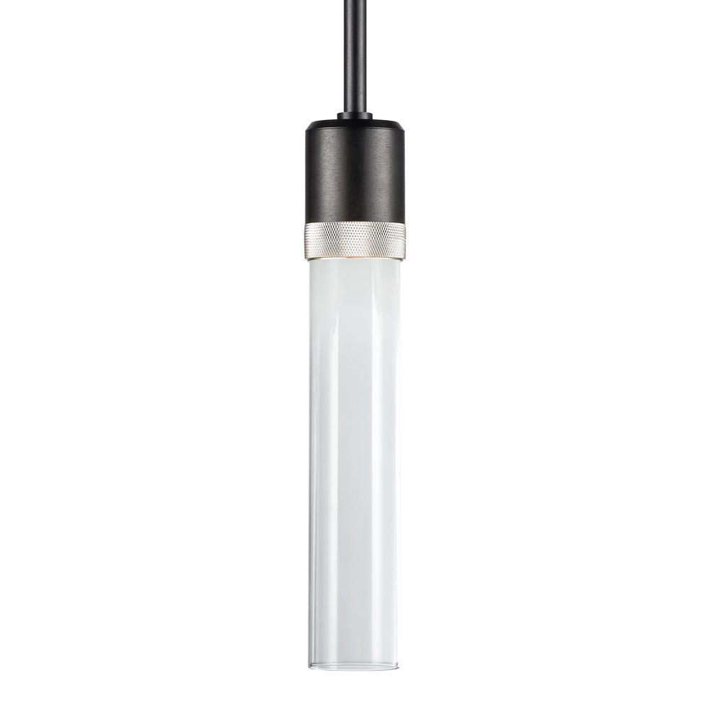 3&#34; LED 3CCT Cylindrical Pendant Light, 12&#34; Clear Glass and Satin Brushed Black with Nickel F