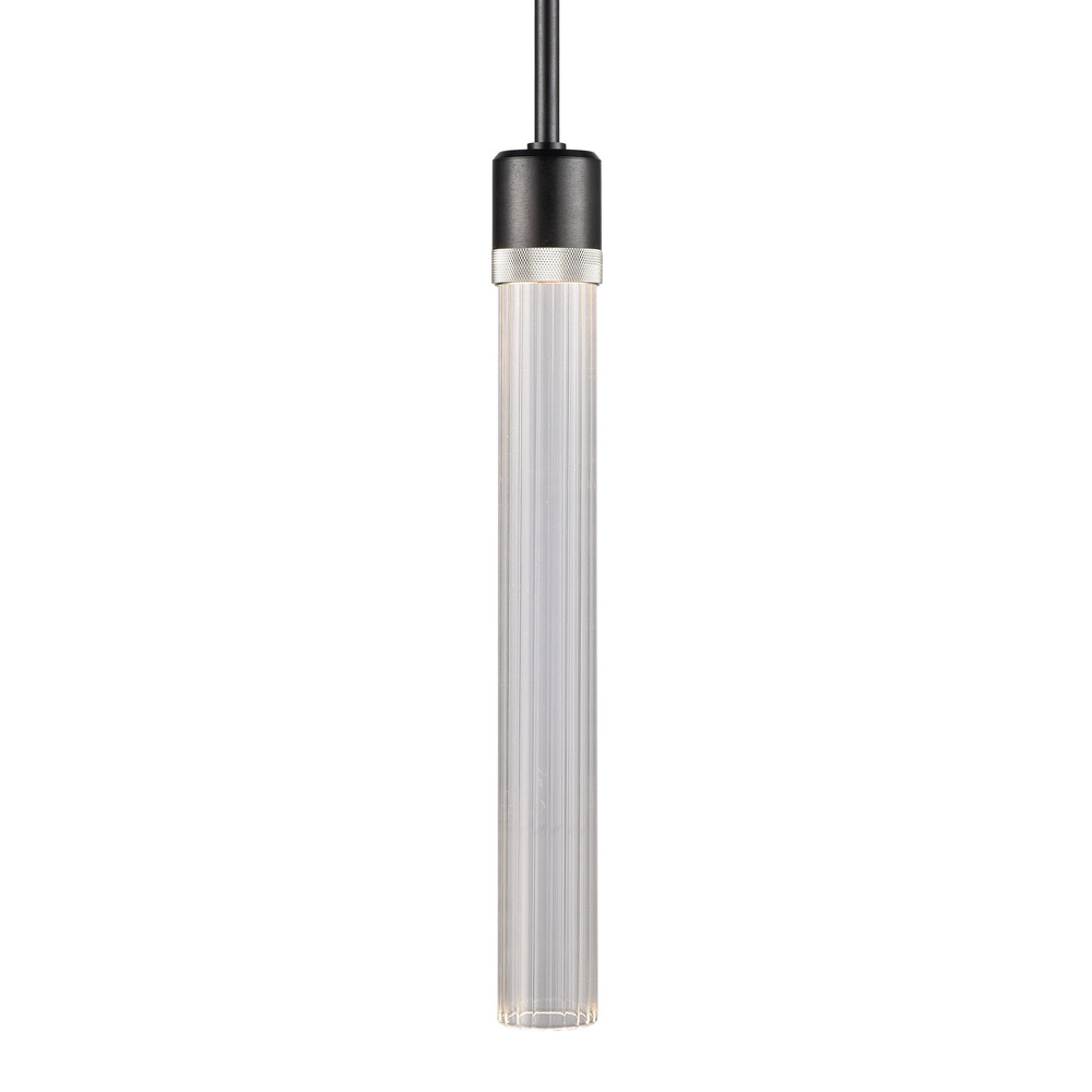 3&#34; LED 3CCT Cylindrical Pendant Light, 18&#34; Fluted Glass and Satin Brushed Black with Nickel