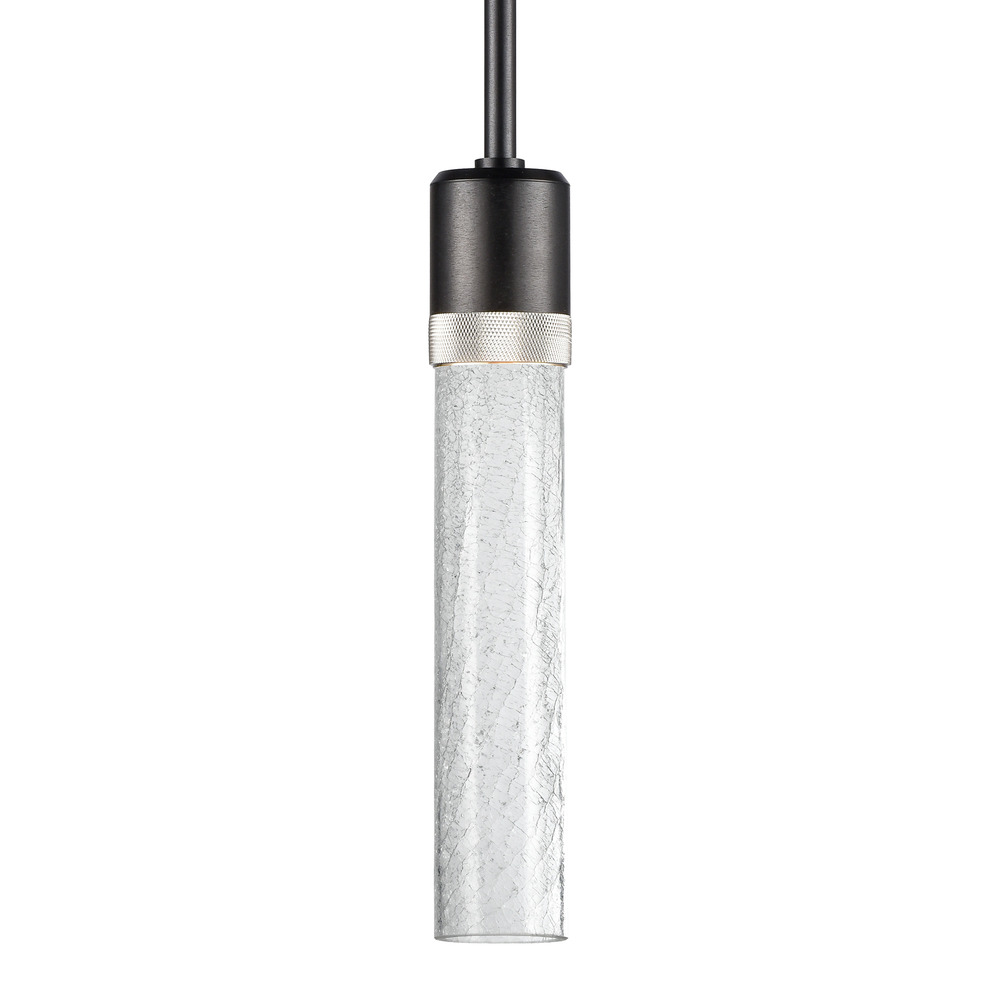 3&#34; LED 3CCT Cylindrical Pendant Light, 12&#34; Crackled Glass and Satin Brushed Black with Nicke