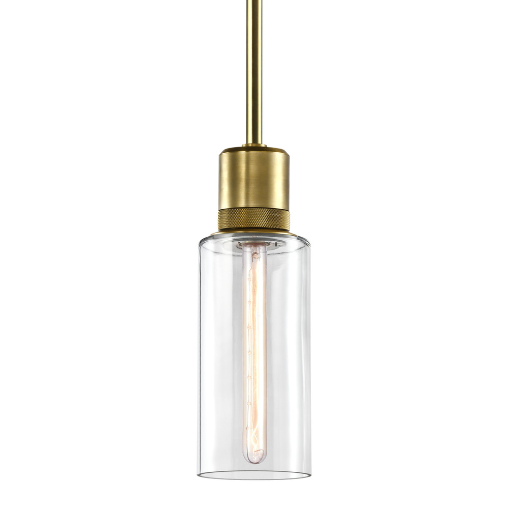 6&#34; E26 Cylindrical Drum Pendant Light, 12&#34; Clear Glass and Aged Brass Metal Finish