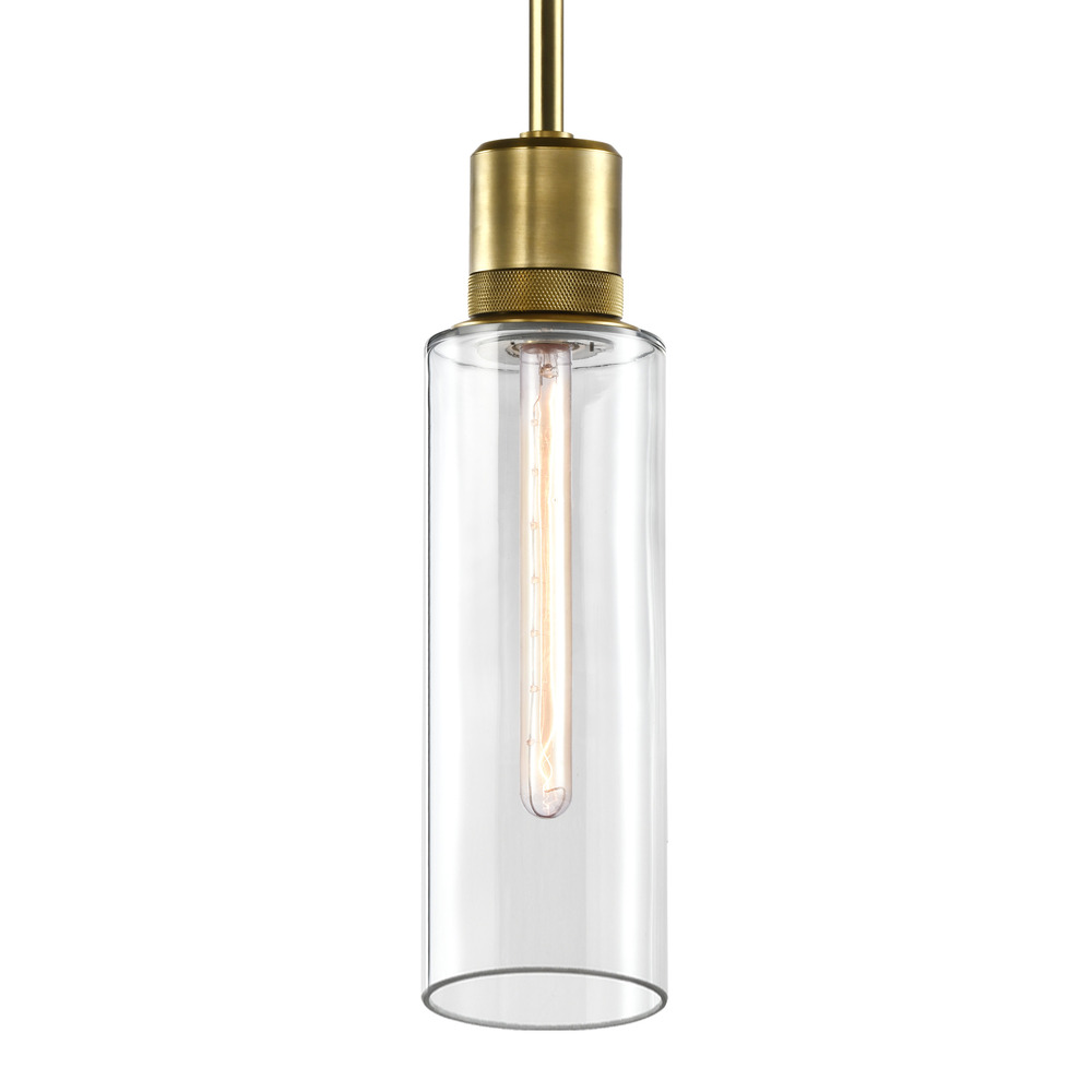 6&#34; E26 Cylindrical Drum Pendant Light, 18&#34; Clear Glass and Aged Brass Metal Finish