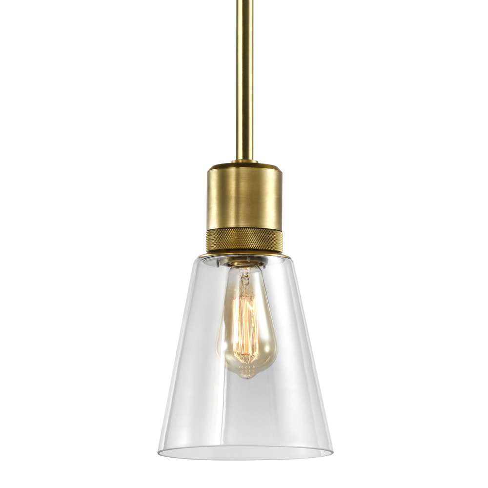 7&#34; E26 Clear Bell Glass Pendant Light, Aged Brass Metal Finish