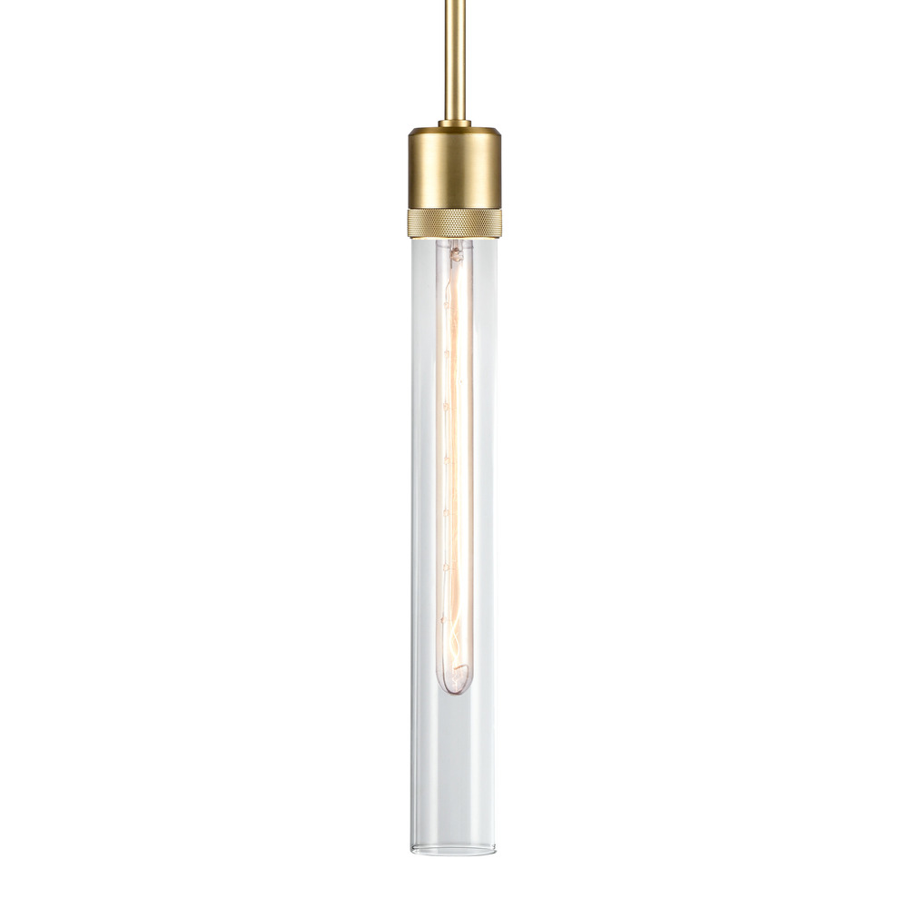 3&#34; E26 Cylindrical Pendant Light, 18&#34; Clear Glass and Aged Brass Finish