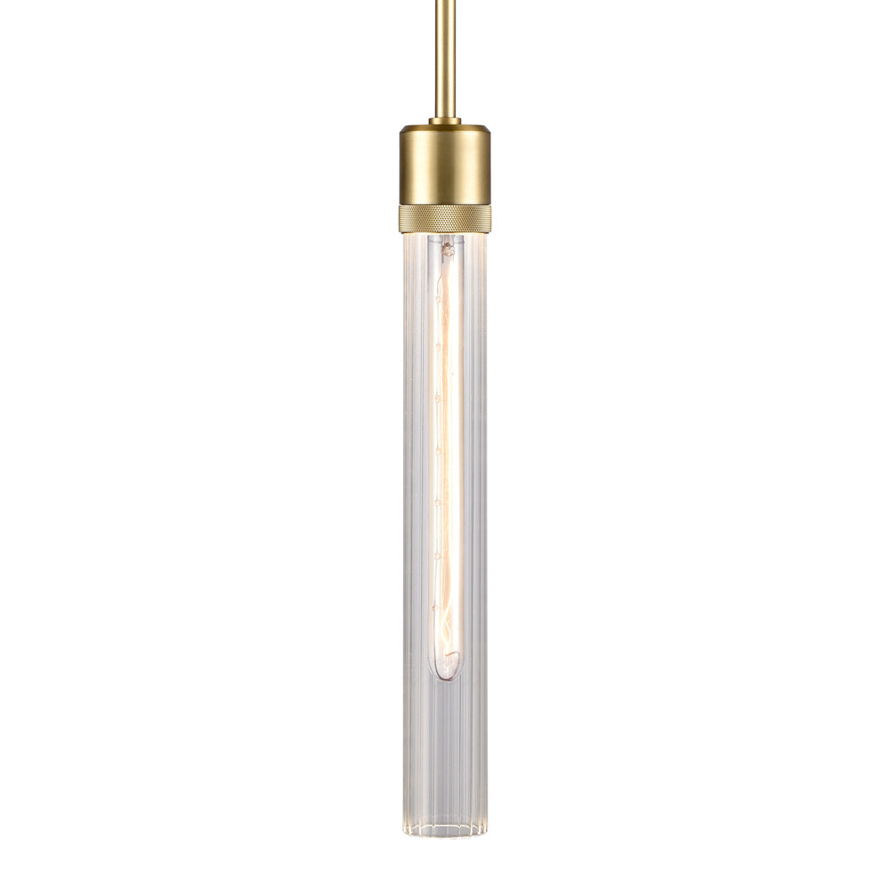 3&#34; E26 Cylindrical Pendant Light, 18&#34; Fluted Glass and Aged Brass Finish