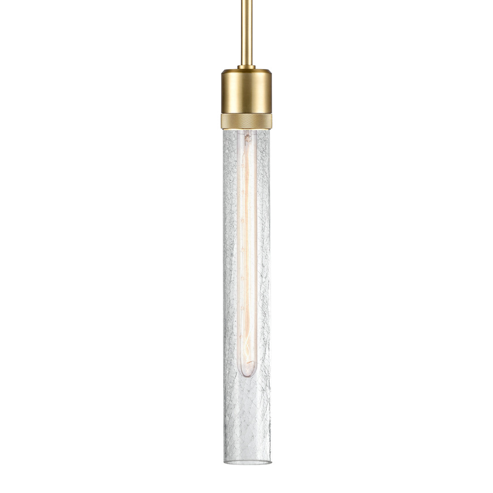 3&#34; E26 Cylindrical Pendant Light, 18&#34; Crackled Glass and Aged Brass Finish