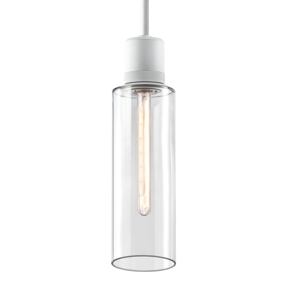 6&#34; E26 Cylindrical Drum Pendant Light, 18&#34; Clear Glass and Matte White Metal Finish