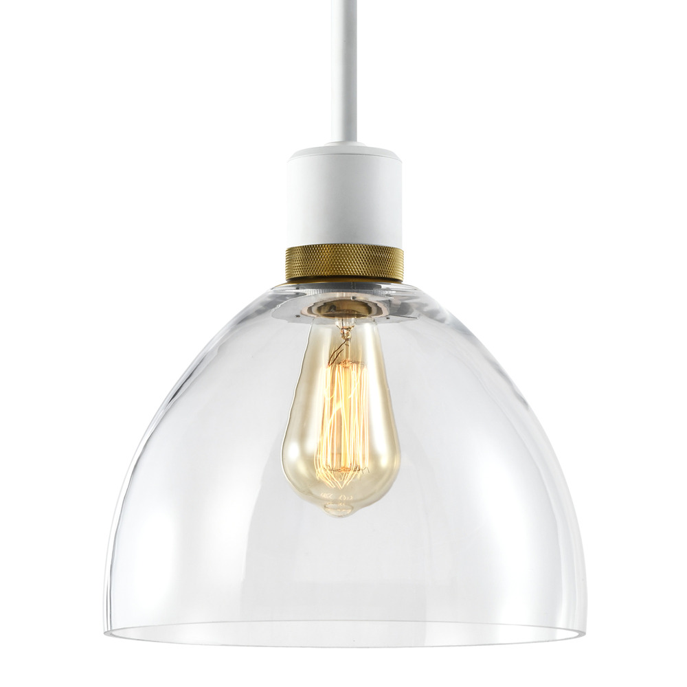 10&#34; E26 Clear Dome Glass Pendant Light and Matte White with Brass Metal Finish