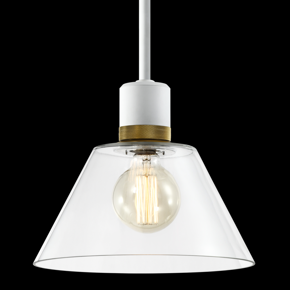 12&#34; E26 Clear Cone Glass Pendant Light and Matte White with Brass Metal Finish