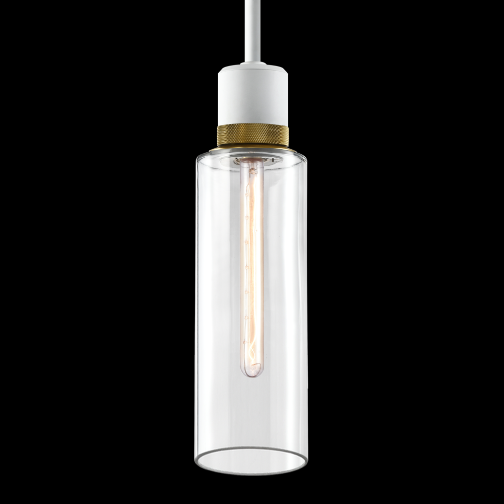 6&#34; E26 Cylindrical Drum Pendant Light, 18&#34; Clear Glass and Matte White with Brass Metal Fini