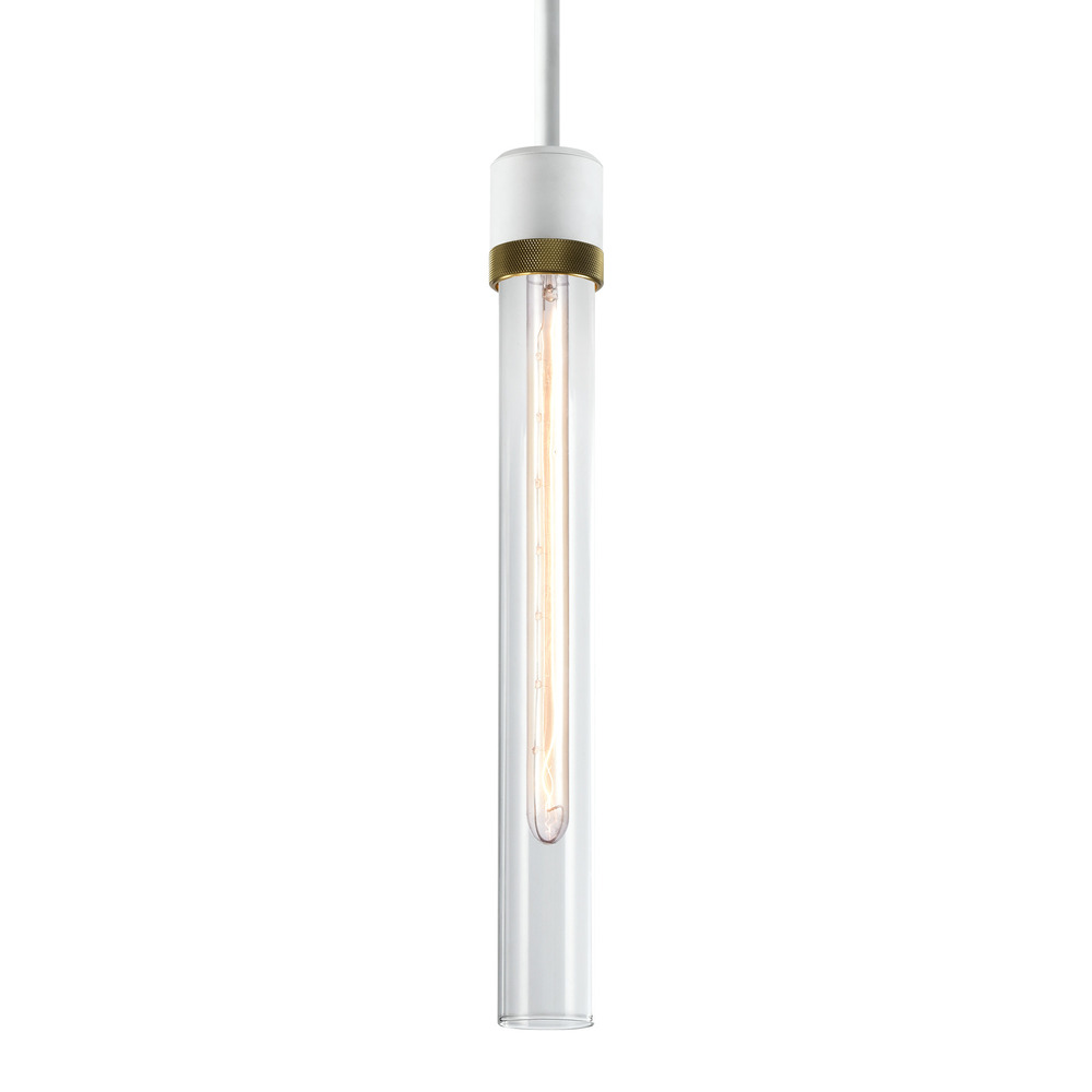 3&#34; E26 Cylindrical Pendant Light, 18&#34; Clear Glass and Matte White with Brass Finish