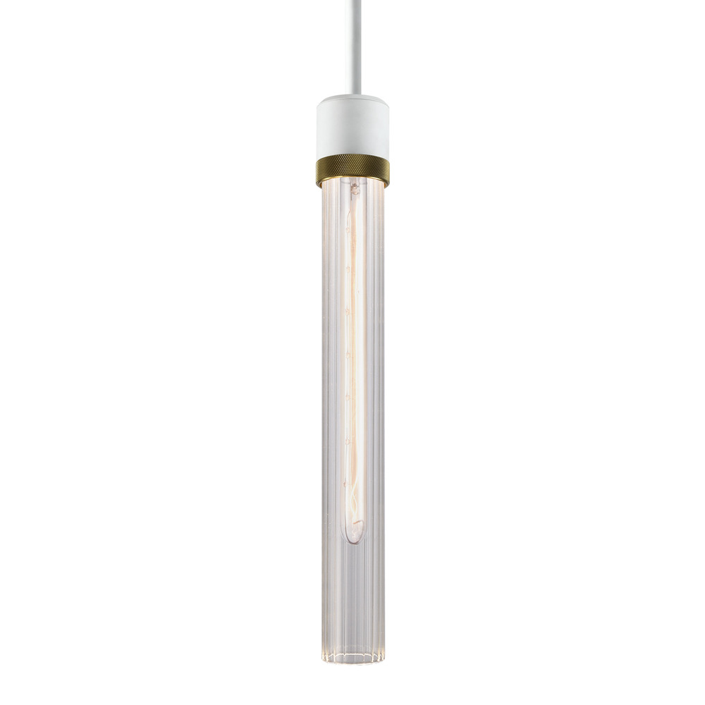 3&#34; E26 Cylindrical Pendant Light, 18&#34; Fluted Glass and Matte White with Brass Finish