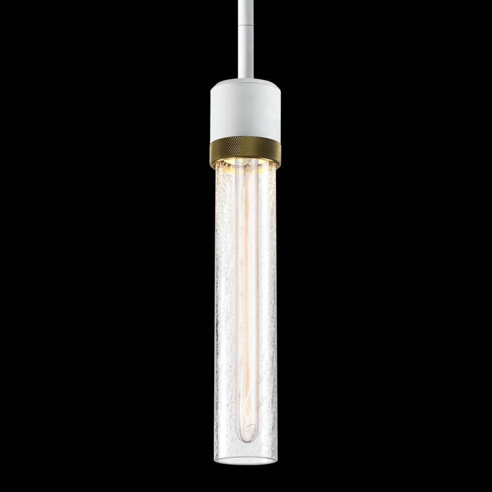 3&#34; E26 Cylindrical Pendant Light, 12&#34; Crackled Glass and Matte White with Brass Finish